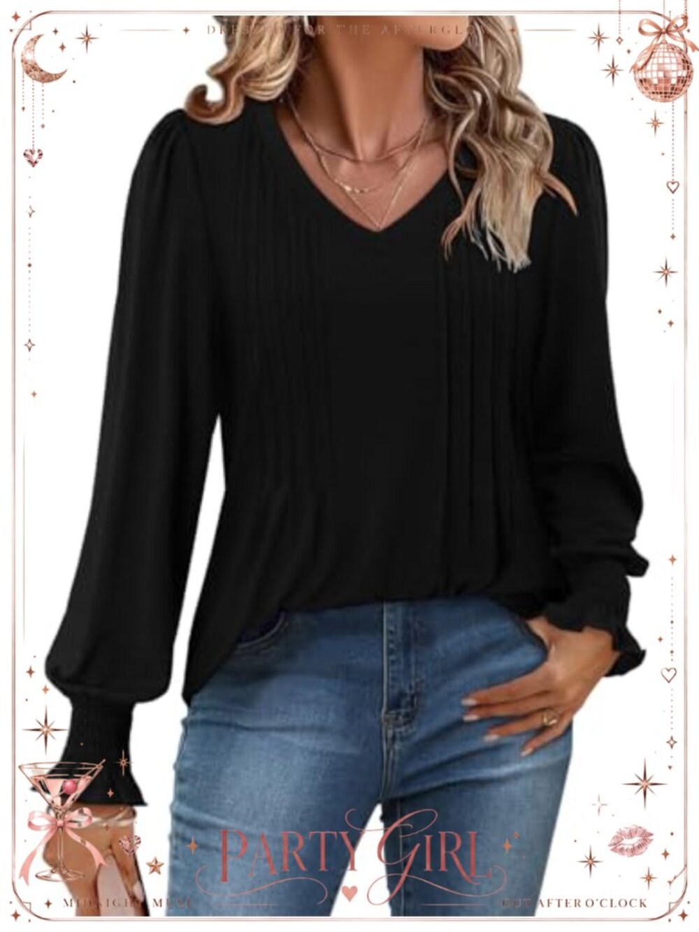 Womens Tunic Top V Neck Puff Long Sleeve Pleated Blouse Flowy Casual Shirt